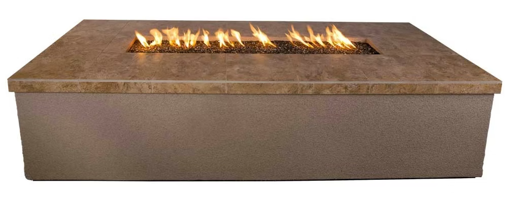 The Kokomo Grills Entertainer Outdoor Fire Pit with Fire-Glass (LP or NG) features a stone-like finish and dark fire glass in a recessed center, bringing modern, minimalist style to your patio or backyard.