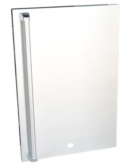 A rectangular wall-mounted bathroom mirror featuring a vertical metal handle on the left, inspired by the sleek Kokomo Grills Fridge Door Sleeve, with a small round cutout near the bottom edge.