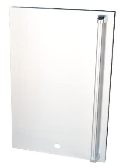 The Kokomo Grills Fridge Door Sleeve by Kokomo Grills is a frameless rectangular glass door with a vertical metal handle and a circular cutout at the bottom, perfect for upgrading your Pro-Series fridge with a stylish new look.