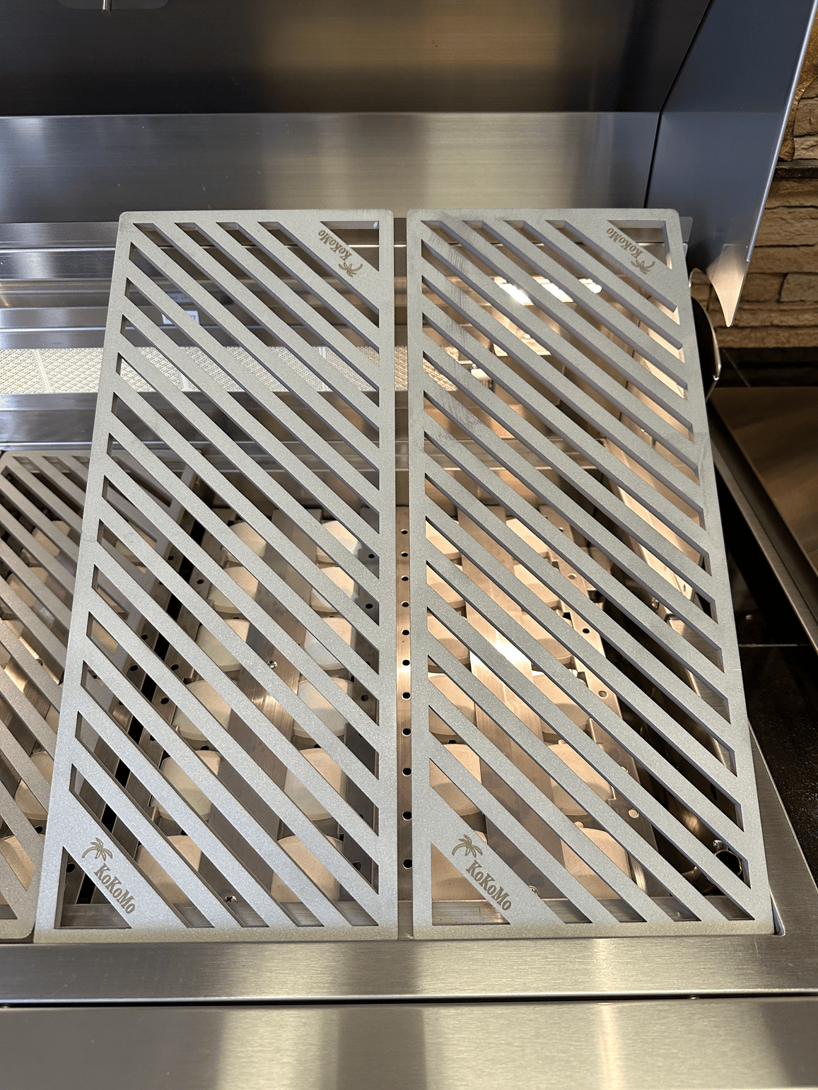 Kokomo Grills LuxCut Laser-Cut Culinary Grates for 3, 4, 5 Burner Classic and Pro Grills are rectangular 304 stainless steel grates with diagonal slots and engraved brand corners—perfect replacement grill grates.