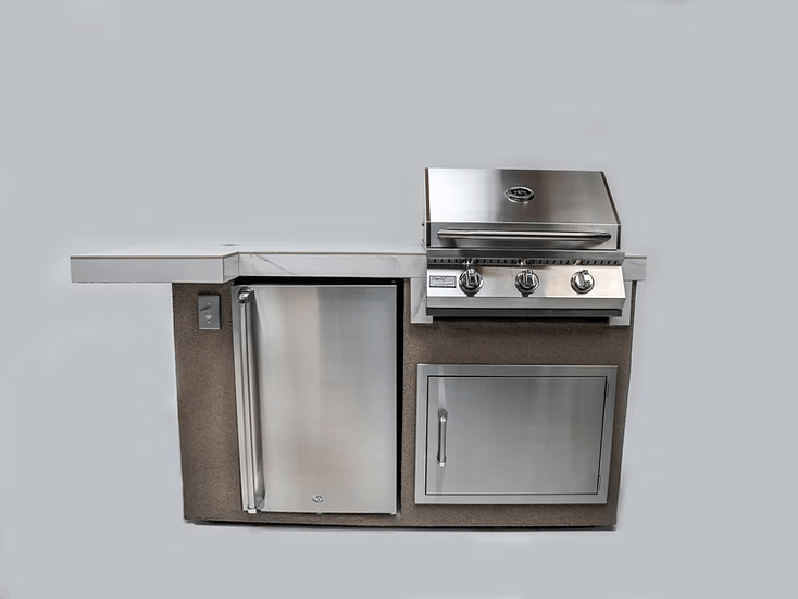 The Kokomo Grills Mini Maui 6-Foot Kitchen Island by Kokomo Grills features a stainless steel grill, built-in mini fridge, cabinet, and side countertop, set against a plain gray background.