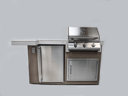 The Kokomo Grills Mini Maui 6-Foot Kitchen Island by Kokomo Grills features a stainless steel grill, built-in mini fridge, cabinet, and side countertop, set against a plain gray background.