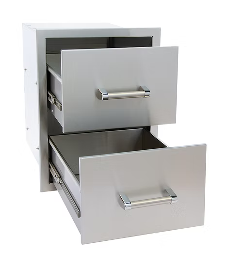 The Kokomo Grills Outdoor Kitchen Stainless Steel Double Drawer KO-DD12 by Kokomo Grills is shown with both silver drawers partially open, revealing empty interiors, against a plain white background.