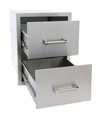The Kokomo Grills Outdoor Kitchen Stainless Steel Double Drawer KO-DD12 by Kokomo Grills is shown with both silver drawers partially open, revealing empty interiors, against a plain white background.
