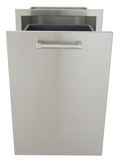 A partially open Kokomo Grills Outdoor Kitchen Stainless Steel Dual Trash/Propane Pull-Out (KO-TRHD-2) reveals a second compartment. Both feature horizontal metal handles and a sleek, modern design—perfect for any outdoor kitchen.