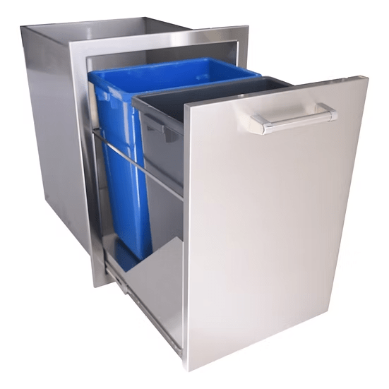 The Kokomo Grills Outdoor Kitchen Stainless Steel Dual Trash/Propane Pull-Out KO-TRHD-2 features two bins—one blue, one gray—on smooth metal slides, ideal for keeping your outdoor kitchen organized.