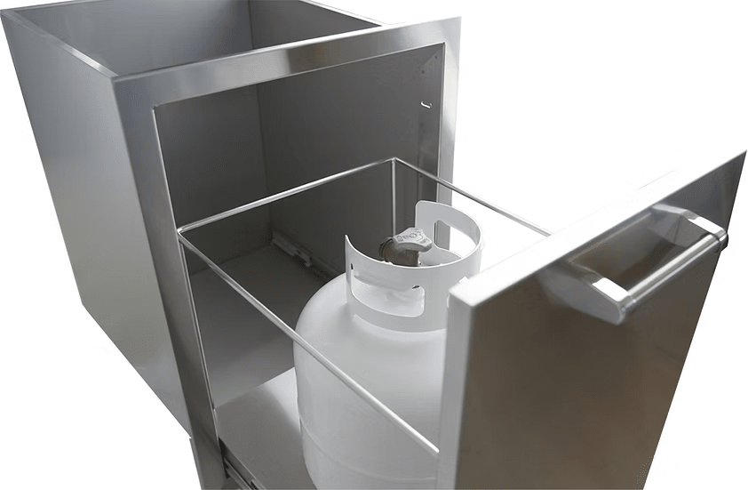 The Kokomo Grills Outdoor Kitchen Stainless Steel Dual Trash/Propane Pull-Out KO-TRHD-2 is ideal for any outdoor kitchen, holding both trash bins and a propane tank for convenient storage and organization.