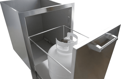The Kokomo Grills Outdoor Kitchen Stainless Steel Dual Trash/Propane Pull-Out KO-TRHD-2 is ideal for any outdoor kitchen, holding both trash bins and a propane tank for convenient storage and organization.