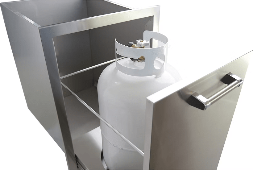 The Kokomo Grills Outdoor Kitchen Stainless Steel Dual Trash/Propane Pull-Out KO-TRHD-2 is open, showing a white propane tank stored inside. Its sleek handle and design make it ideal for any outdoor kitchen or grill setup.