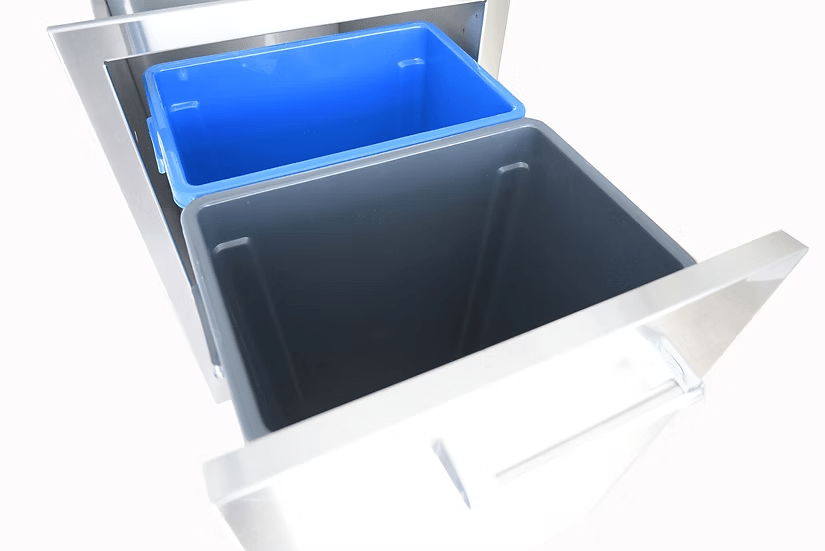 A close-up of two open bins—one blue, one black—in the Kokomo Grills Outdoor Kitchen Stainless Steel Dual Trash/Propane Pull-Out KO-TRHD-2, ideal for keeping your outdoor kitchen organized.