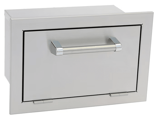A stainless steel drawer with a rectangular front, thick handle, and bottom hinges—ideal for outdoor kitchens or storage—pairs perfectly with the Kokomo Grills Outdoor Kitchen Stainless Steel Paper Towel Holder KO-ATH.