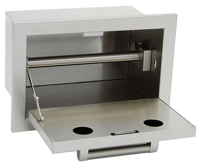 The Kokomo Grills Outdoor Kitchen Stainless Steel Paper Towel Holder KO-ATH features a wall-mounted design with a hinged downward-opening door and two circular openings for easy waste disposal—perfect for outdoor kitchens.