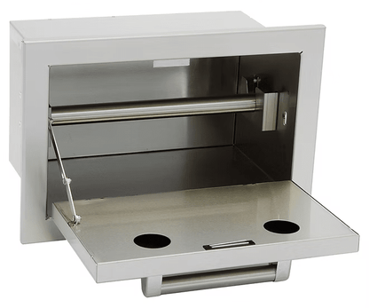 The Kokomo Grills Outdoor Kitchen Stainless Steel Paper Towel Holder KO-ATH features a wall-mounted design with a hinged downward-opening door and two circular openings for easy waste disposal—perfect for outdoor kitchens.