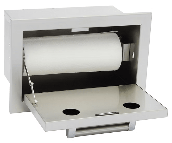 The Kokomo Grills Outdoor Kitchen Stainless Steel Paper Towel Holder KO-ATH features a hinged door with two circular cutouts and comes with a roll of towels—ideal for your outdoor kitchen.