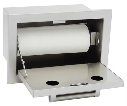 The Kokomo Grills Outdoor Kitchen Stainless Steel Paper Towel Holder KO-ATH features a hinged door with two circular cutouts and comes with a roll of towels—ideal for your outdoor kitchen.