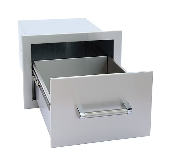 The Kokomo Grills Outdoor Kitchen Stainless Steel Single Drawer KO-SD6 features a sleek, modern handle and spacious interior, ideal for outdoor kitchens. Shown open against a white background, this durable drawer enhances any Kokomo Grills setup.