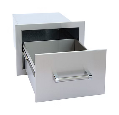 The Kokomo Grills Outdoor Kitchen Stainless Steel Single Drawer KO-SD6 features a sleek, modern handle and spacious interior, ideal for outdoor kitchens. Shown open against a white background, this durable drawer enhances any Kokomo Grills setup.