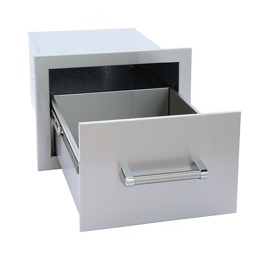 The Kokomo Grills Outdoor Kitchen Stainless Steel Single Drawer KO-SD6 features a sleek, modern handle and spacious interior, ideal for outdoor kitchens. Shown open against a white background, this durable drawer enhances any Kokomo Grills setup.