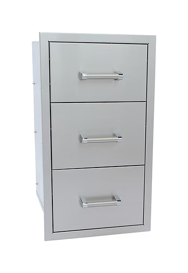 The Kokomo Grills Outdoor Kitchen Stainless Steel Triple Drawer KO-TD18 features three drawers with horizontal handles, ideal for outdoor kitchens. Shown against a white background.