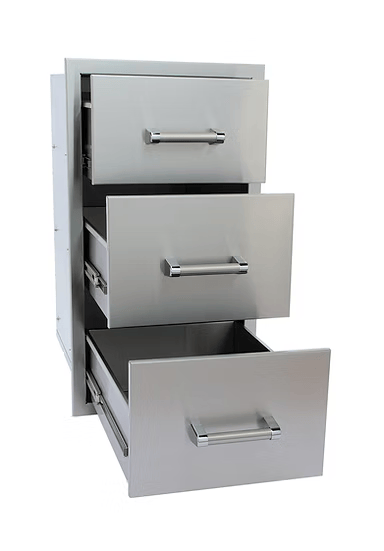 The Kokomo Grills Outdoor Kitchen Stainless Steel Triple Drawer KO-TD18 features three partially open drawers, ideal for outdoor kitchen setups, isolated on a white background.