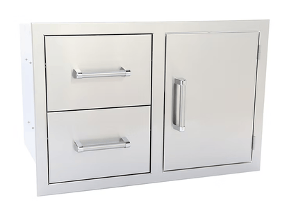 The Kokomo Grills Outdoor Kitchen Stainless Steel Two Drawer - One Door Combo KO-ALPDC features two drawers on the left and a single-door cabinet on the right, making it perfect for any outdoor kitchen setup.