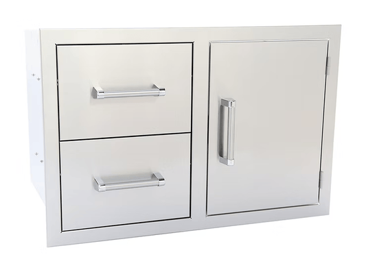 The Kokomo Grills Outdoor Kitchen Stainless Steel Two Drawer - One Door Combo KO-ALPDC features two drawers on the left and a single-door cabinet on the right, making it perfect for any outdoor kitchen setup.