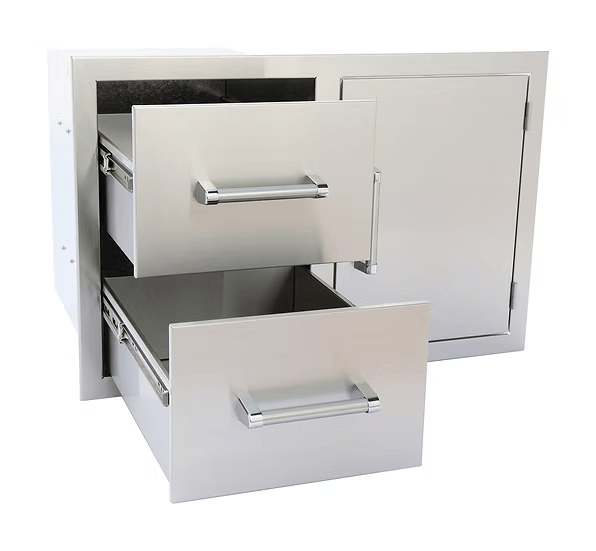 The Kokomo Grills Outdoor Kitchen Stainless Steel Two Drawer - One Door Combo KO-ALPDC offers two open drawers and a closed side door, providing stylish storage and organization for any Kokomo Grills outdoor kitchen setup.