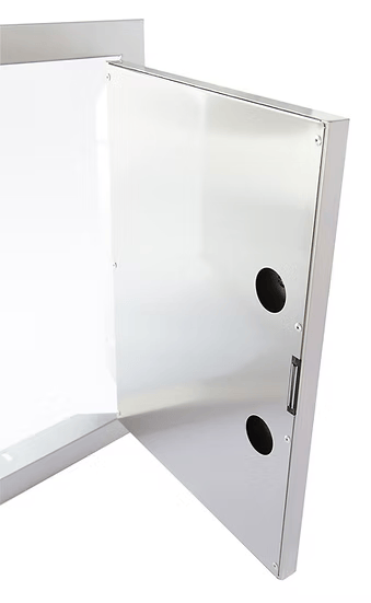 The Kokomo Grills Outdoor Kitchen Stainless Steel Two Drawer - One Door Combo KO-ALPDC features a sleek, reflective metal door with two circular cutouts and a rectangular latch—perfect for matching stainless steel drawers in your outdoor kitchen.