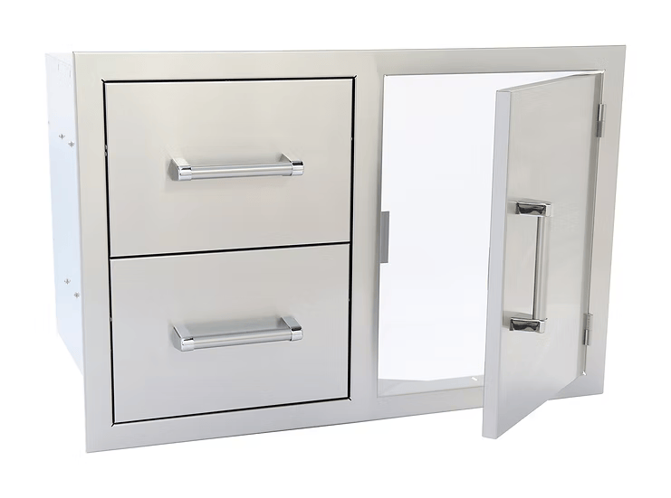 The Kokomo Grills Outdoor Kitchen Stainless Steel Two Drawer - One Door Combo KO-ALPDC features two drawers on the left, a single door on the right, sleek modern handles, and a reflective finish for a contemporary outdoor kitchen look.