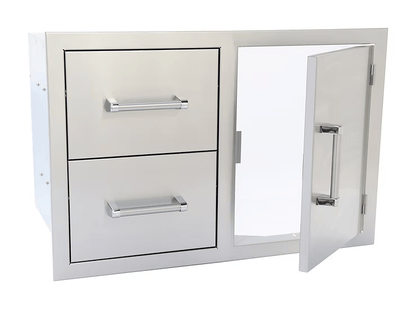 The Kokomo Grills Outdoor Kitchen Stainless Steel Two Drawer - One Door Combo KO-ALPDC features two drawers on the left, a single door on the right, sleek modern handles, and a reflective finish for a contemporary outdoor kitchen look.