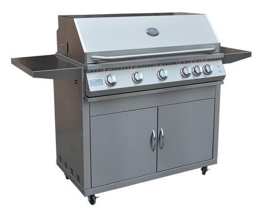 The Kokomo Grills Professional 5 Burner 40-Inch Cart Model BBQ Grill with Lights features five burners, two side shelves, a spacious double-door storage cabinet, and locking casters for easy mobility—ideal for outdoor cooking.