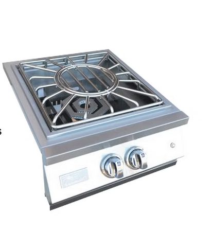The Kokomo Grills Professional Built-In Power Burner features LED lights, a removable grate for wok use, and two front control knobs—ideal for outdoor kitchens.