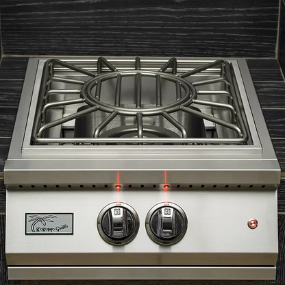 The Kokomo Grills Professional Built-In Power Burner features LED-lit controls, a removable wok grate, and prominent branding on the front—making it ideal for any outdoor kitchen.