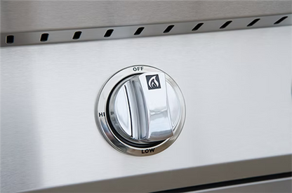 A close-up of a stainless steel control knob on the Kokomo Grills Professional Built-In Power Burner with LED Lights and Removable Grate for Wok, showing Off, High, and Low settings—ideal for any outdoor kitchen.