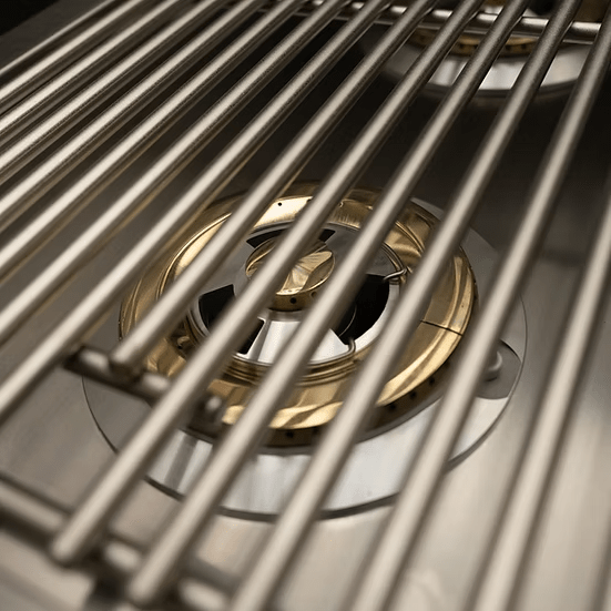 Close-up of the KoKoMo Grills Professional Double Side Burner by Kokomo Grills, featuring stainless steel construction, metal grates, a circular burner, and a removable cover—ideal for your outdoor kitchen.