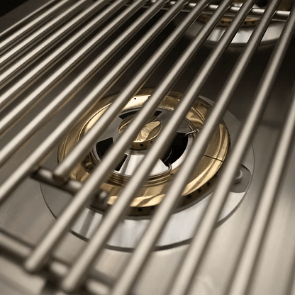 Close-up of the KoKoMo Grills Professional Double Side Burner by Kokomo Grills, featuring stainless steel construction, metal grates, a circular burner, and a removable cover—ideal for your outdoor kitchen.