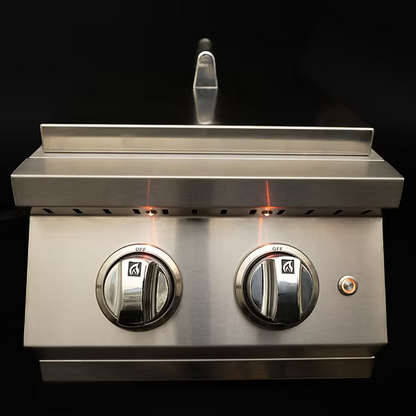 The KoKoMo Grills Professional Double Side Burner with Removable Cover features two off-position knobs with orange indicator lights, all in sleek stainless steel—an ideal addition to your outdoor kitchen by Kokomo Grills.