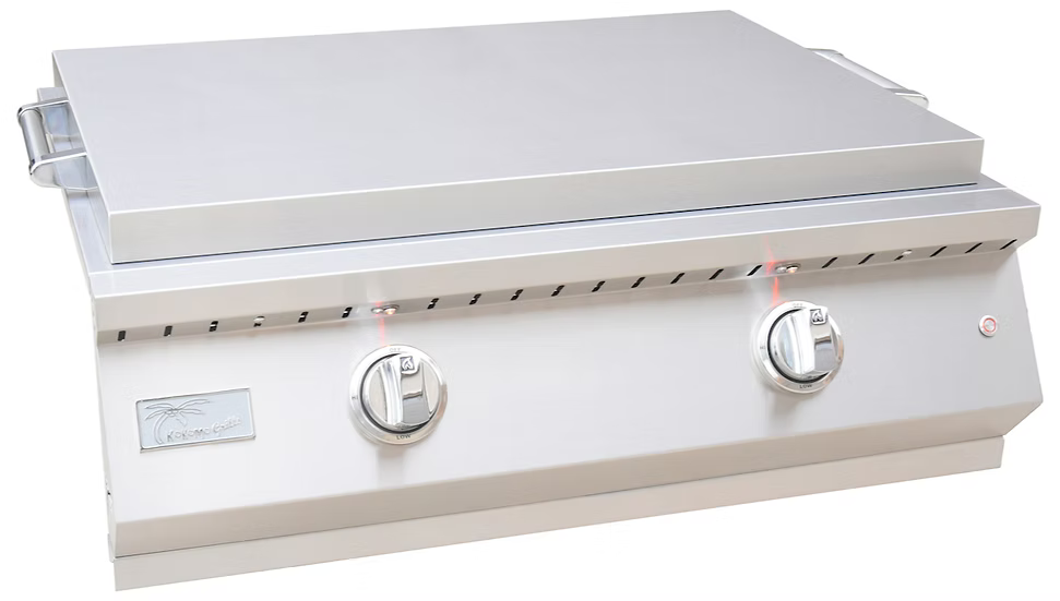 The Kokomo Grills Professional Griddle 30-Inch Outdoor Kitchen Teppanyaki Flat Grill features 304 stainless steel, two control knobs, side handles, and a flat cooking surface—perfect for premium outdoor grilling.