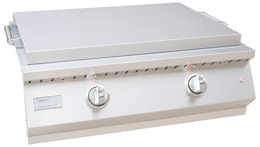 The Kokomo Grills Professional Griddle 30-Inch Outdoor Kitchen Teppanyaki Flat Grill features 304 stainless steel, two control knobs, side handles, and a flat cooking surface—perfect for premium outdoor grilling.