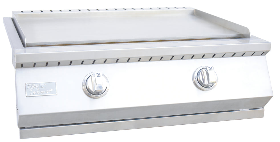 The Kokomo Grills Professional Griddle 30-Inch Outdoor Kitchen Teppanyaki Flat Grill features a durable 304 stainless steel build, two front control knobs, and a smooth flat cooking surface—ideal for backyard gatherings.