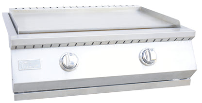 The Kokomo Grills Professional Griddle 30-Inch Outdoor Kitchen Teppanyaki Flat Grill features a durable 304 stainless steel build, two front control knobs, and a smooth flat cooking surface—ideal for backyard gatherings.