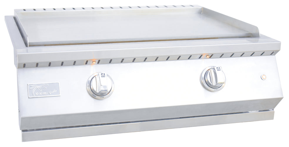 The Kokomo Grills Professional Griddle 30-Inch Outdoor Kitchen Teppanyaki Flat Grill features durable 304 stainless steel, two front control knobs, a smooth cooking surface, and a brand logo on the left side.
