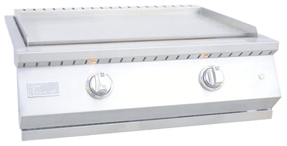 The Kokomo Grills Professional Griddle 30-Inch Outdoor Kitchen Teppanyaki Flat Grill features durable 304 stainless steel, two front control knobs, a smooth cooking surface, and a brand logo on the left side.