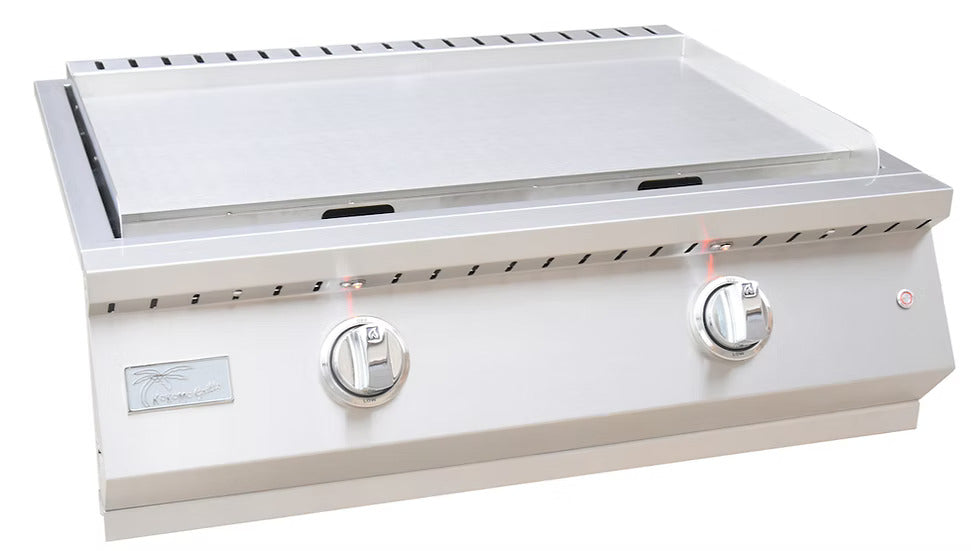 The Kokomo Grills Professional Griddle 30-Inch Outdoor Kitchen Teppanyaki Flat Grill features 304 stainless steel, two temperature control knobs, and a flat surface—ideal for outdoor grilling and cooking.