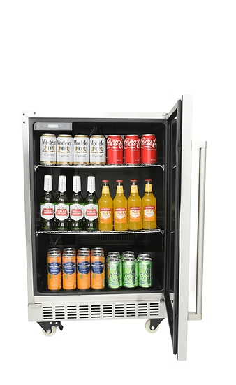 The Kokomo Grills Professional Luxury Outdoor Kitchen Kegerator by Kokomo Grills stands with its door open, displaying neatly arranged cans and bottles of Modelo beer, Coca-Cola, sparkling water, orange soda, and other beverages on three shelves.
