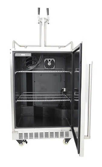 The Kokomo Grills Professional Luxury Outdoor Kitchen Kegerator KO-LUX-KEG features stainless steel, two beer taps, wire shelves, bottom ventilation, and wheels—making it the ideal mobile kegerator for any outdoor gathering.