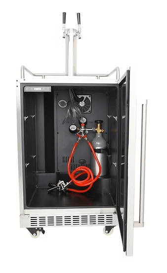 The Kokomo Grills Professional Luxury Outdoor Kitchen Kegerator KO-LUX-KEG features a stainless steel design, open door with CO2 tank, red gas line, pressure gauges, beer tap components inside, and wheels for easy mobility.