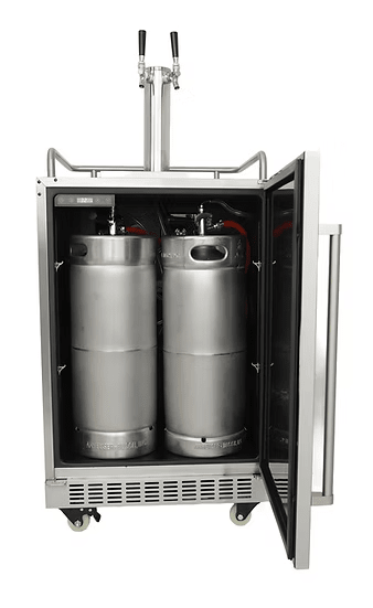 The Kokomo Grills Professional Luxury Outdoor Kitchen Kegerator KO-LUX-KEG features dual tap handles, a stainless steel exterior, storage for two kegs, and wheels—making it ideal for any outdoor kitchen.