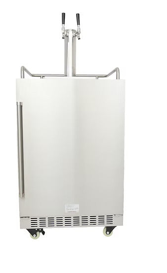 The Kokomo Grills Professional Luxury Outdoor Kitchen Kegerator KO-LUX-KEG by Kokomo Grills features a stainless steel build, dual tap draft system with two tap handles, a large vertical door handle, bottom ventilation grates, and wheels for mobility.