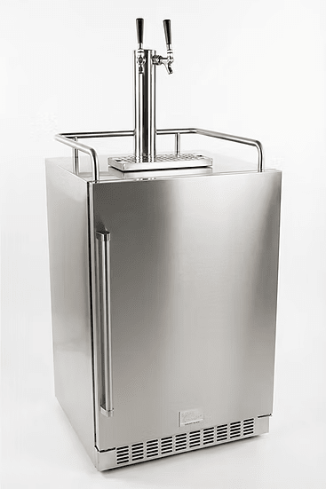 The Kokomo Grills Professional Luxury Outdoor Kitchen Kegerator KO-LUX-KEG features a stainless steel finish, two beer taps, a left-side door handle, top railings, and a drip tray, shown against a plain white background.